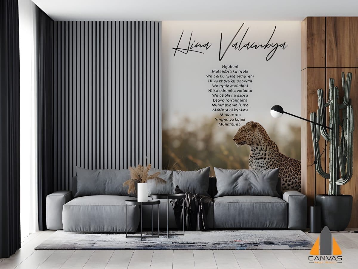 Leopard & text wall mural in a modern living room, perfect for wallpaper installations Johannesburg.