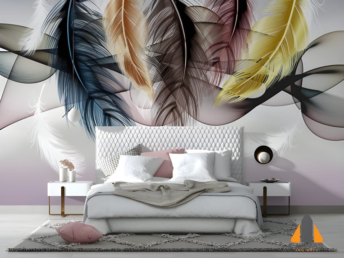 A bedroom with a feather-themed wall mural in soft, flowing colors. A beautiful custom wallpaper.