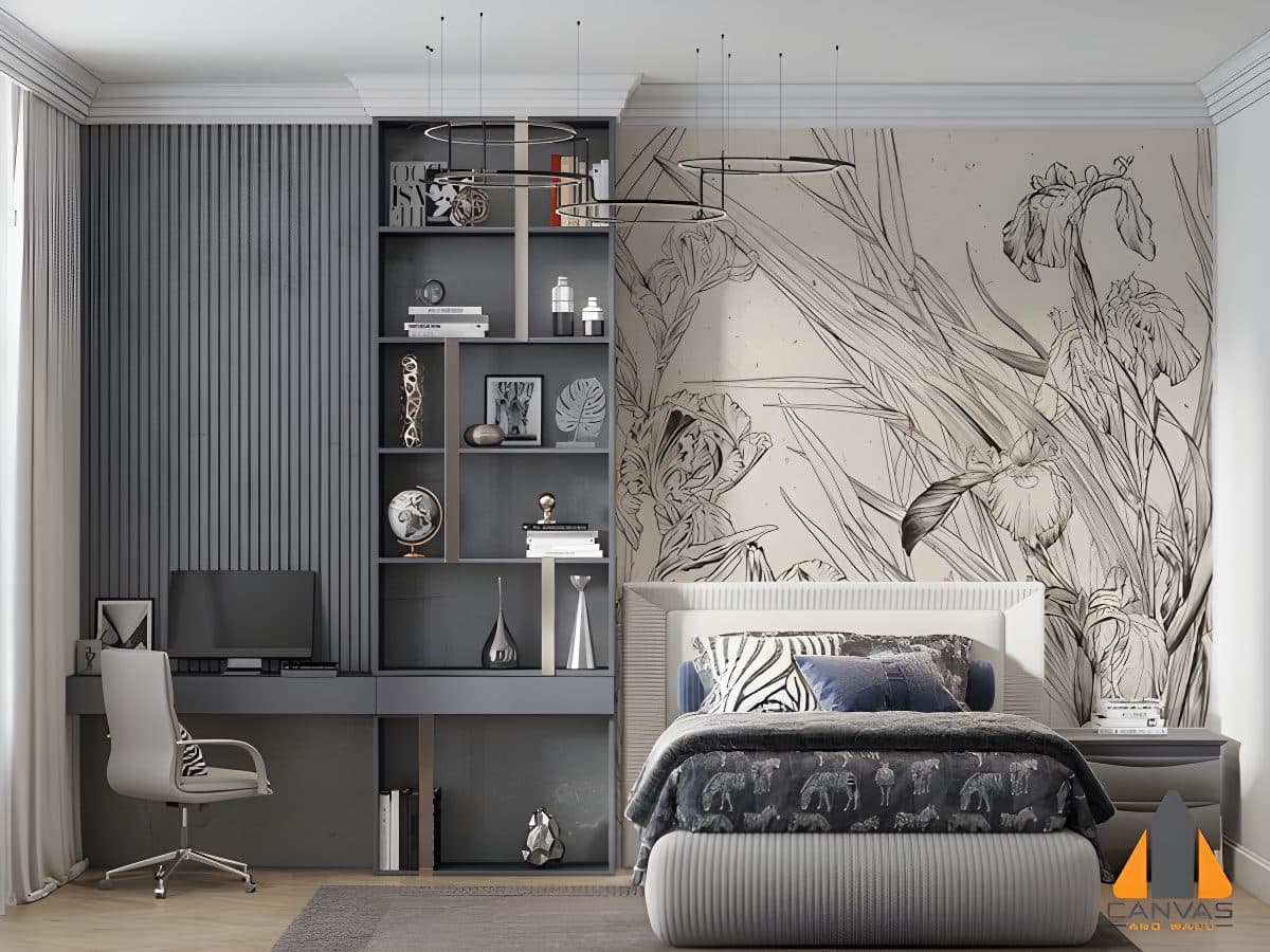 Bedroom with a large floral wall mural featuring iris flowers and built-in shelving, perfect for wallpaper installations in G