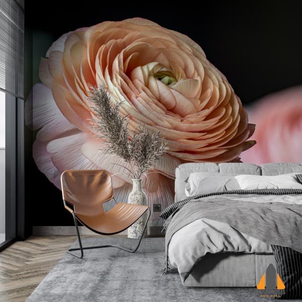 Large ranunculus flower wall mural in a modern bedroom, with expert wallpaper installations in Gauteng.