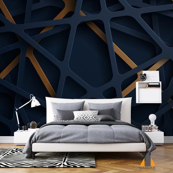 Blue and gold abstract papercut style wall mural in a modern bedroom, perfect for wallpaper installations in Gauteng.