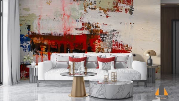 Vibrant Red Brush Abstract Effect wall mural in a modern living room setting, ideal for wallpaper installations in Gauteng.
