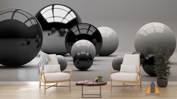 Monochrome spheres wall mural in a modern living room, expertly installed by Canvas & Wall.