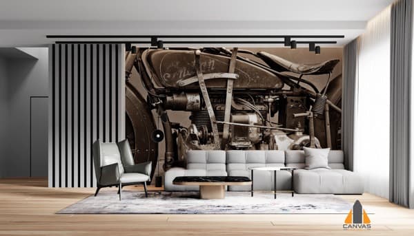 Retro motorcycle wall mural in a modern living room, perfect for wallpaper installations in Gauteng.
