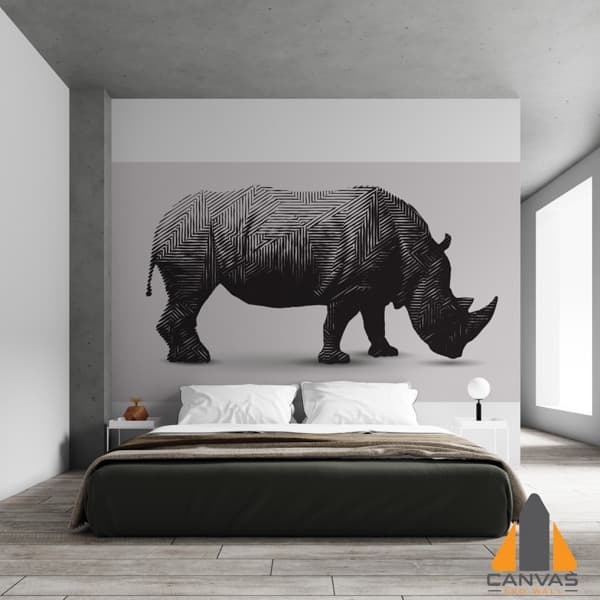 Stylish rhino wall mural in a modern minimalist bedroom, ideal for wallpaper installations in Gauteng.