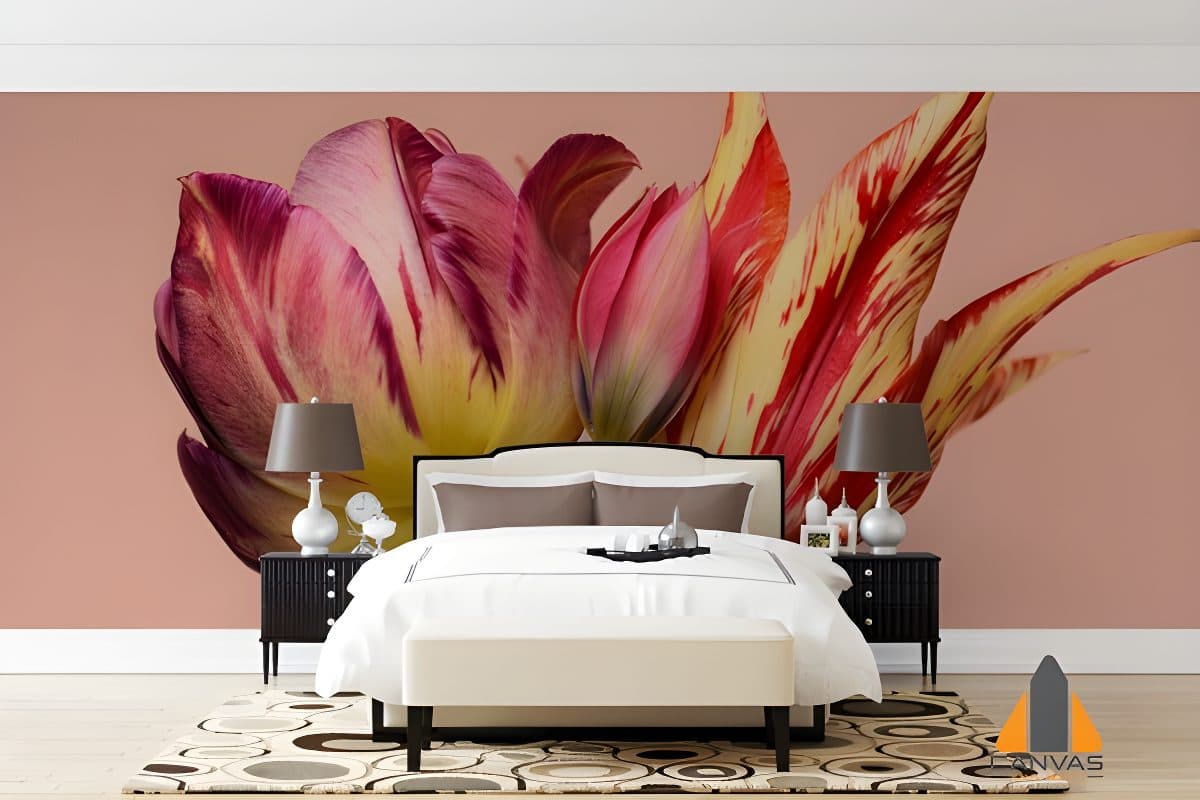 Red and yellow peony wall mural in a bedroom, with wallpaper installations in Gauteng.