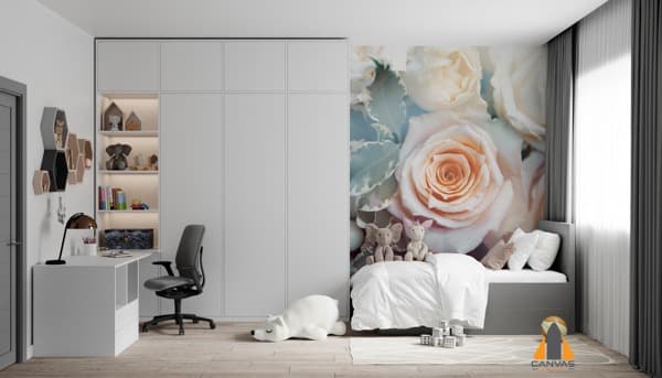Rose Floral wall mural in a child's bedroom, with a bed, desk, and storage cupboards.