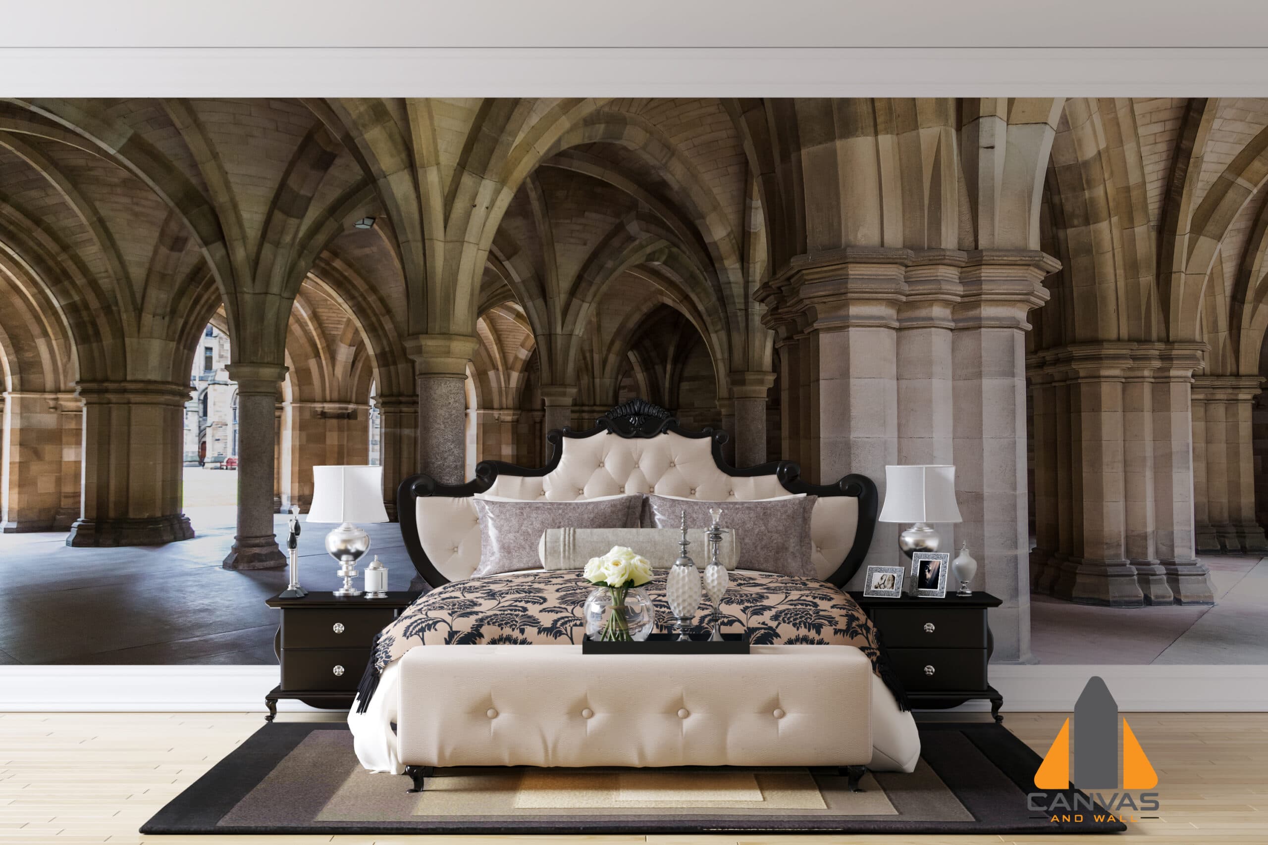 Bedroom with a grand arched hallway wall mural, perfect for wallpaper installations in Gauteng.