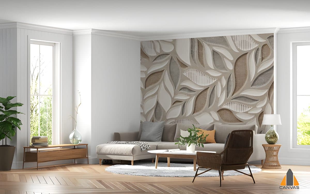 Stylish living room with a leaf-patterned wall mural in muted earthy tones, expertly done by wallpaper installations Johannes