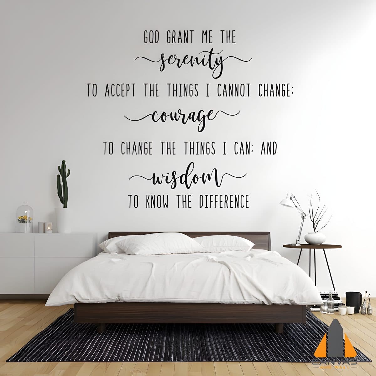 Serenity Prayer wall mural above a bed in a modern bedroom, available for wallpaper installations in Gauteng.