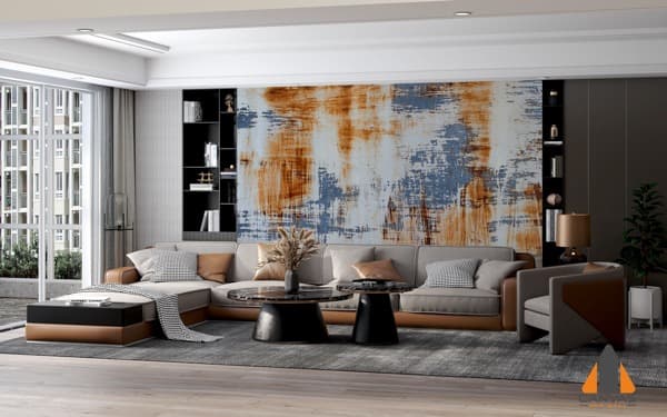 Rusty metal texture wall mural in a modern living room, perfect for wallpaper installations in Gauteng.