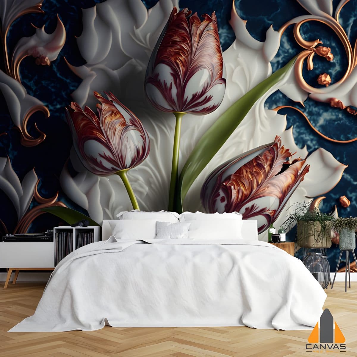 Tulips in Marble wall mural in a sophisticated bedroom, offering wallpaper installations in Gauteng.