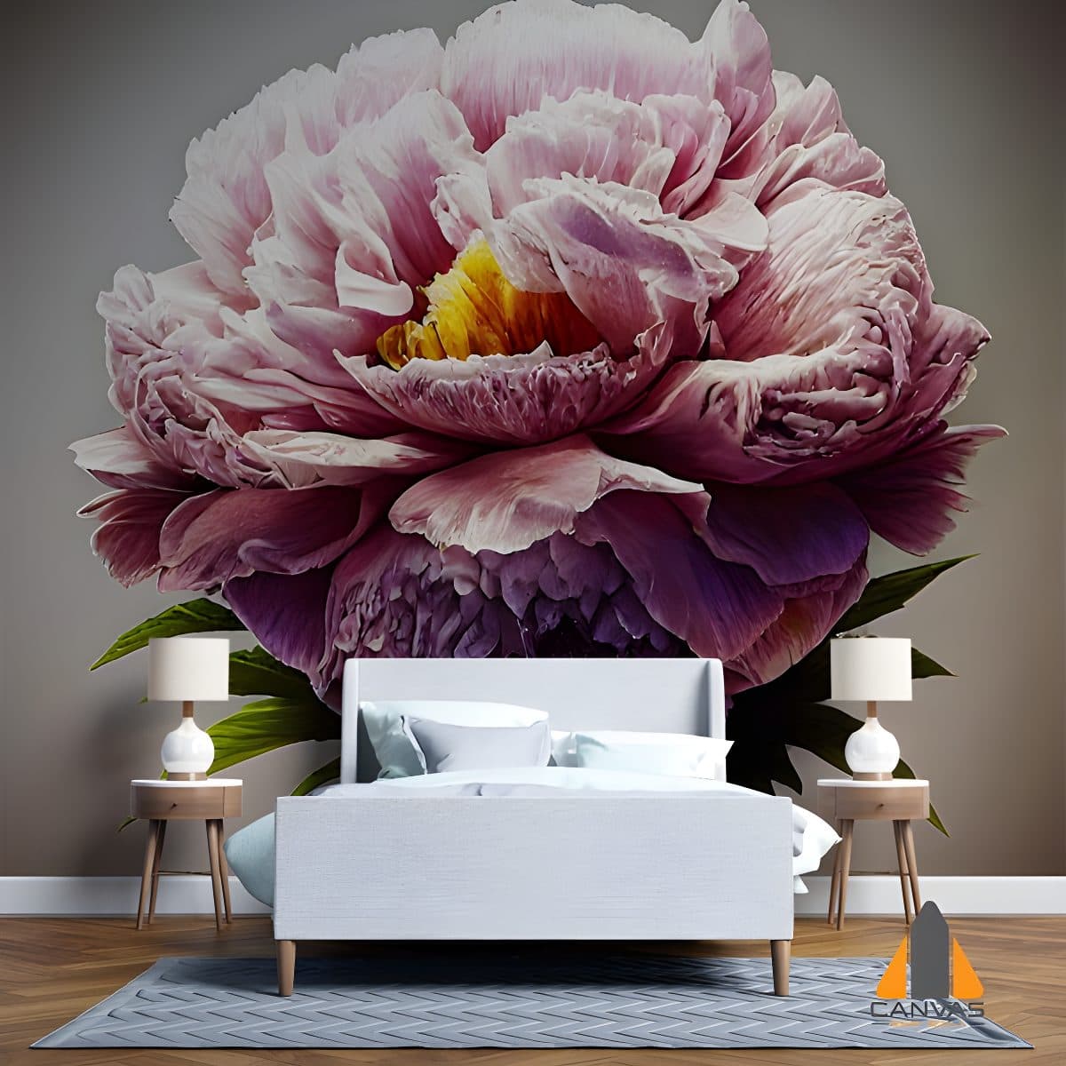 Pink peony wall mural with grey bed, perfect for wallpaper installations in Gauteng