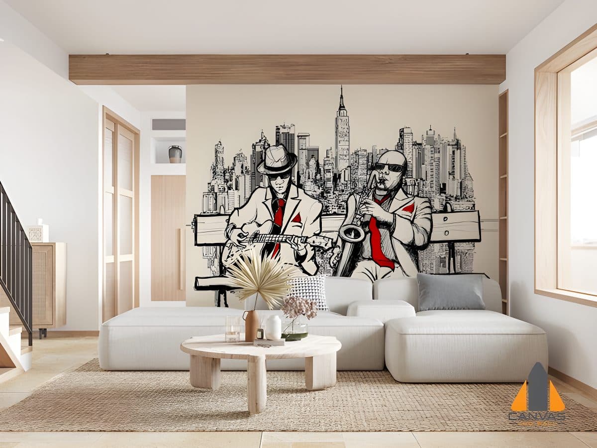 Jazz musicians with city skyline wall mural in a modern living room, perfect for wallpaper installations Johannesburg.