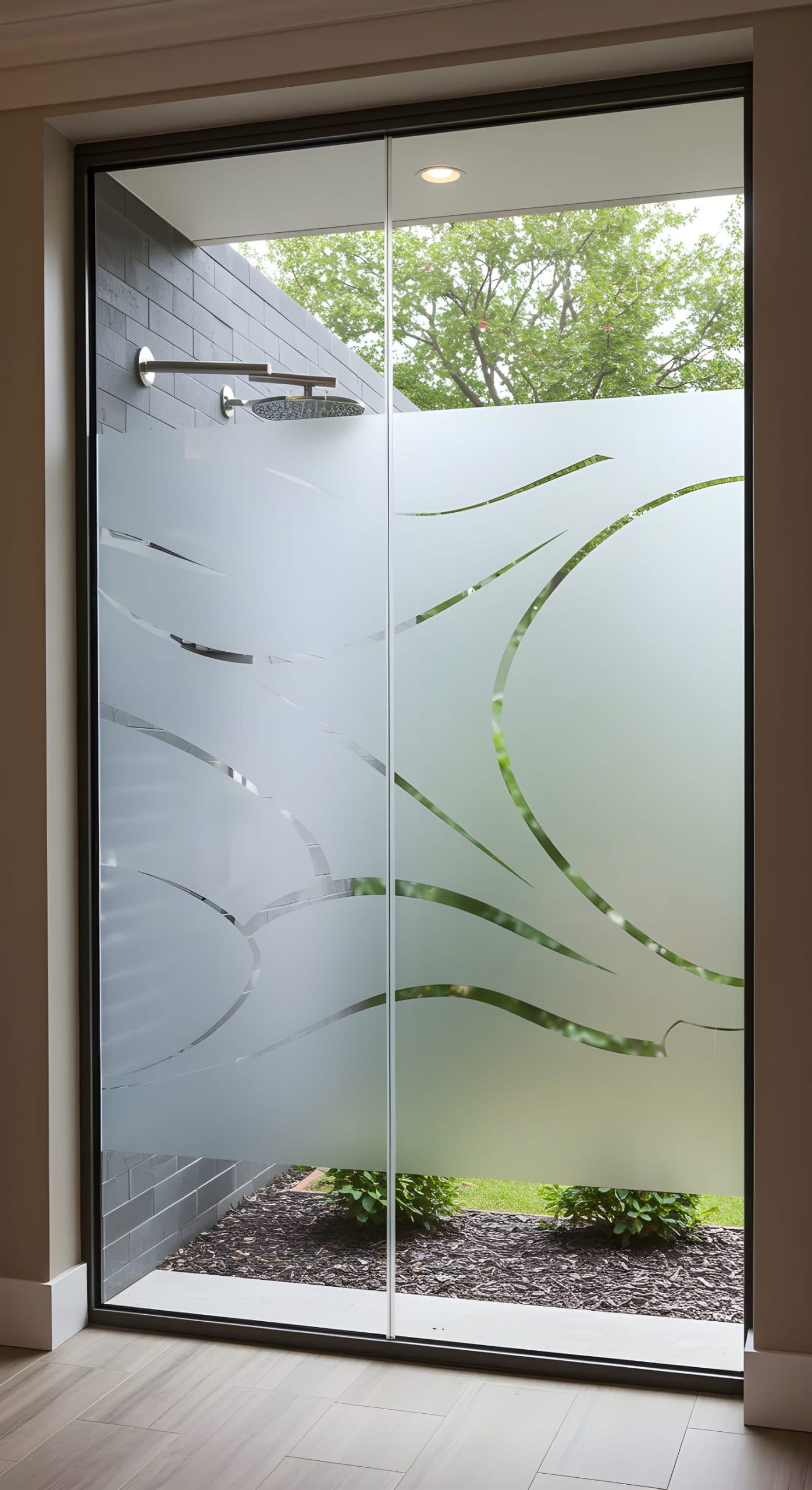 Modern outdoor shower with patterned privacy film, a unique alternative to custom wallpaper in Gauteng.