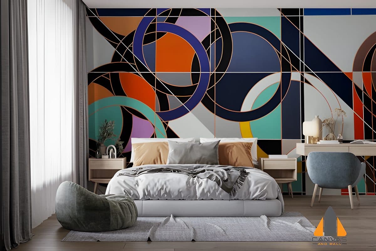 Bedroom with large Shifting Circles wall mural, a great custom wallpaper installation for Johannesburg homes.