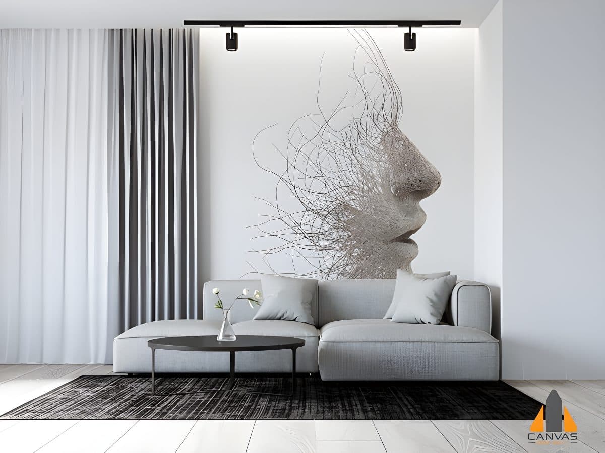 Abstract face wall mural in a modern living room, expertly installed by our team in Gauteng.