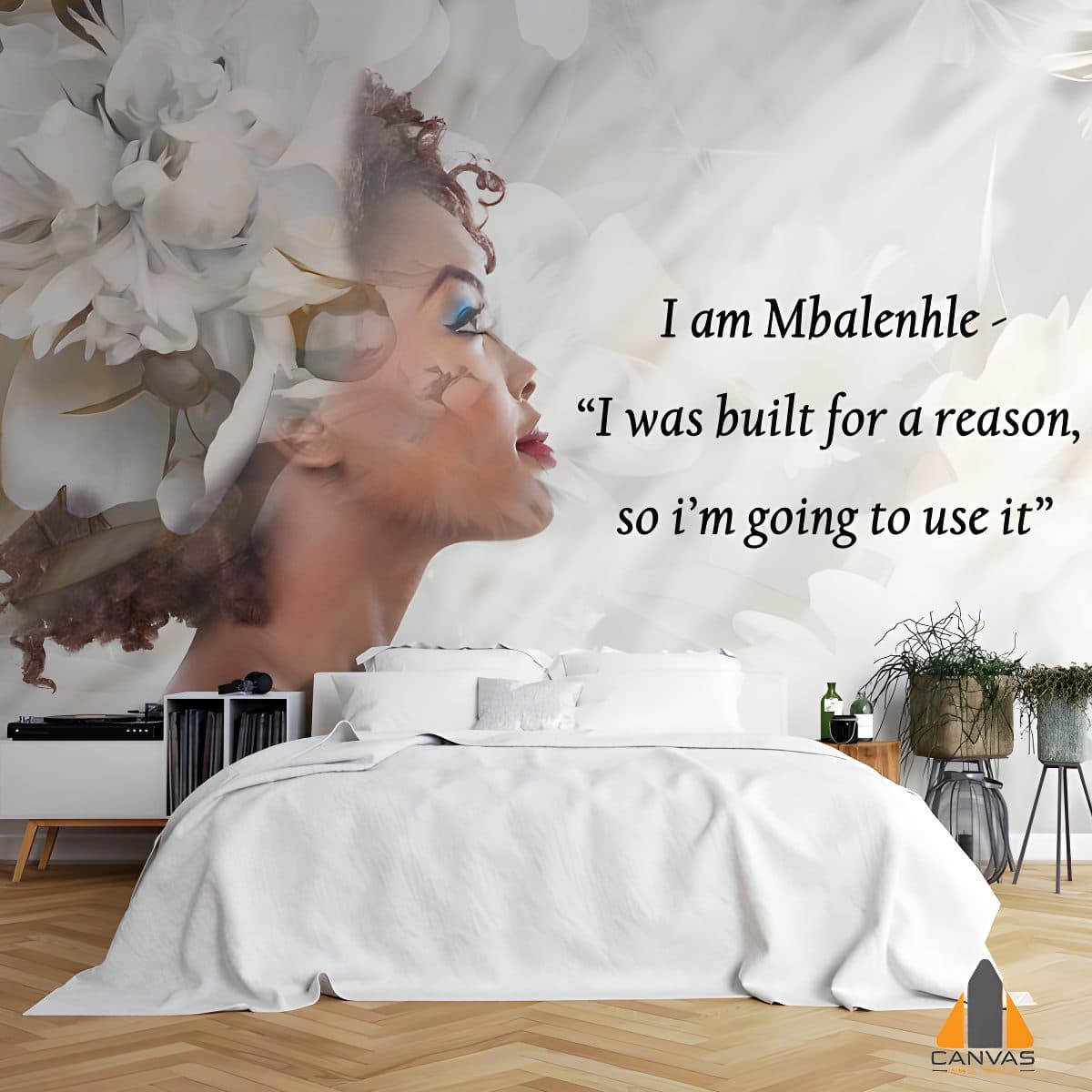 Bedroom with a large wall mural featuring a woman's profile and text, suitable for wallpaper installations in Gauteng.