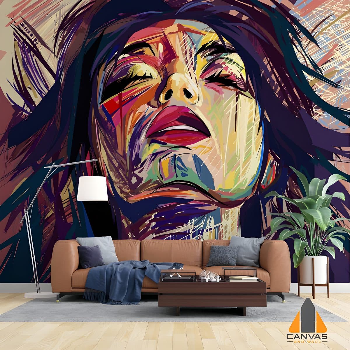 Vibrant abstract face wall mural in a modern living room, perfect for wallpaper installations in Gauteng.