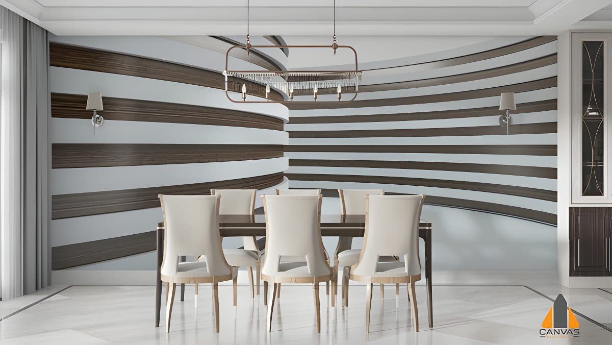 Dining room with a modern striped wall mural, ideal for wallpaper installations in Gauteng.