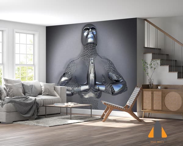 Metallic praying figure wall mural in a modern living room, perfect for wallpaper installations in Gauteng.