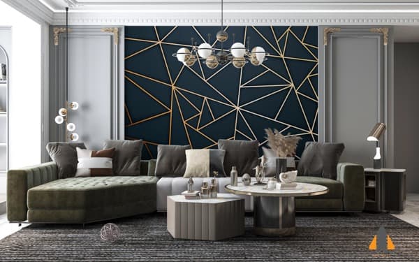 Modern living room with a geometric triangle wallpaper installation in Gauteng, featuring a large sectional sofa.