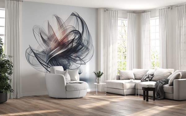 Silvery Swirls wall mural in a modern living room, perfect for wallpaper installations in Gauteng