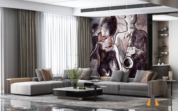 Jazz night sketch wall mural in a modern living room, perfect for wallpaper installations in Gauteng.