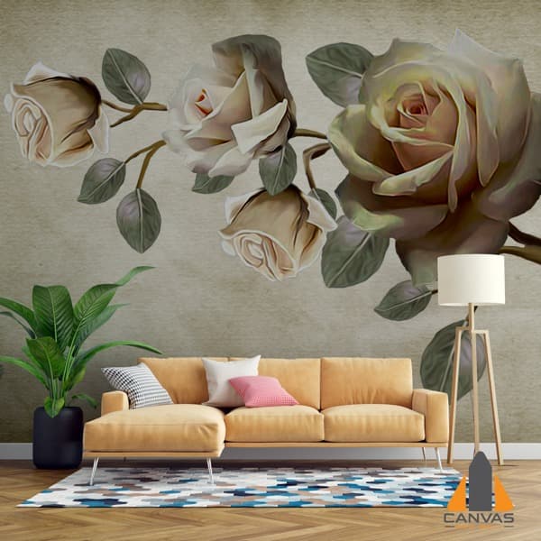 Sketched Roses wall mural in a modern living room with a yellow couch and plant, installed in Gauteng.