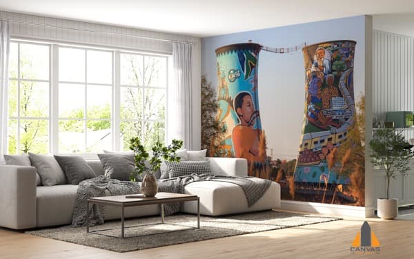 Soweto Orlando Towers wall mural in a modern living room, expertly installed in Gauteng.