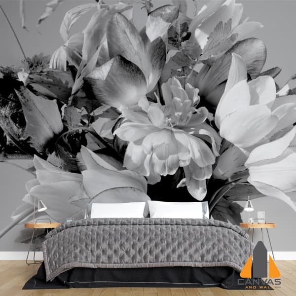 Monochrome bouquet wall mural in a modern bedroom, perfect for wallpaper installations in Gauteng.