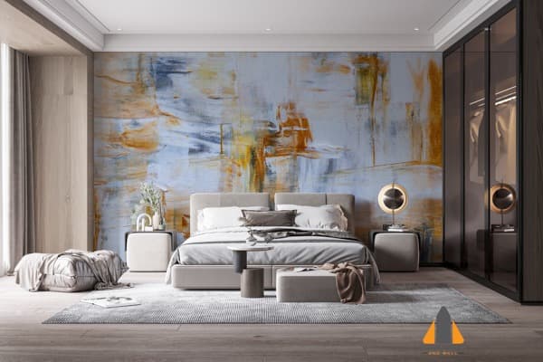 Abstract lighter colours custom wallpaper in a modern bedroom with a large bed.