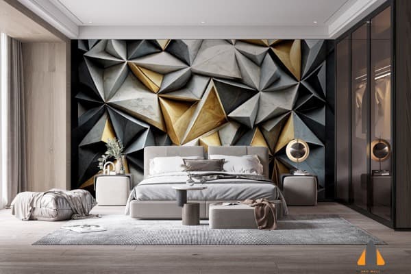 Bedroom featuring a stylish abstract texture wall mural with gold, silver, and black geometric shapes.