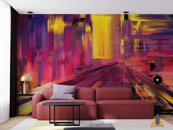 Vibrant abstract city wall mural in a modern living room, expertly installed by Canvas & Wall.