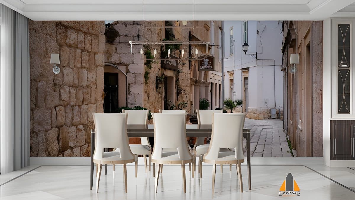 Narrow stone street wall mural in a modern dining room, ideal for wallpaper installations in Gauteng.