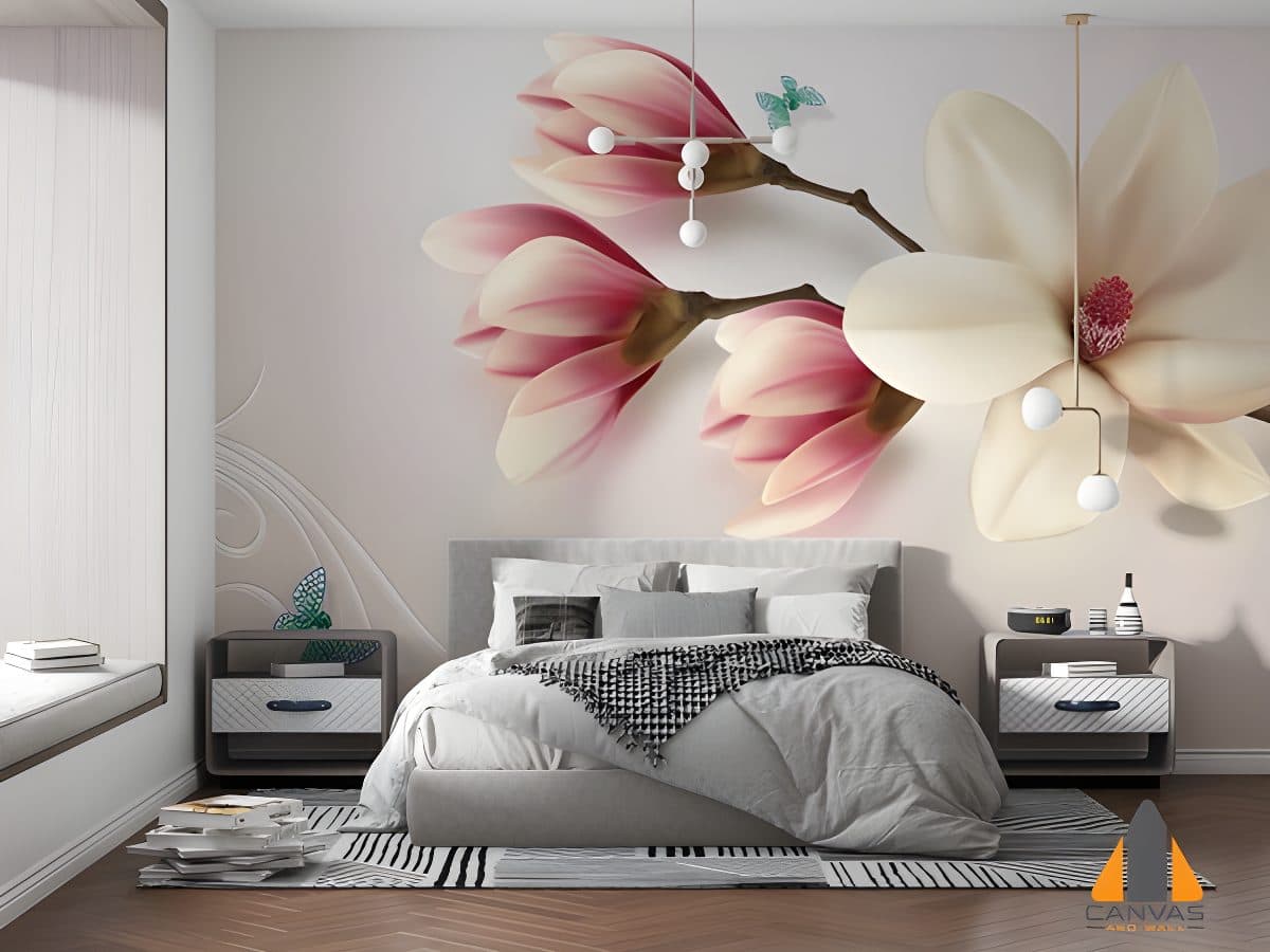 Pink and white magnolia custom wallpaper in a serene bedroom, ideal for wallpaper installations in Gauteng.