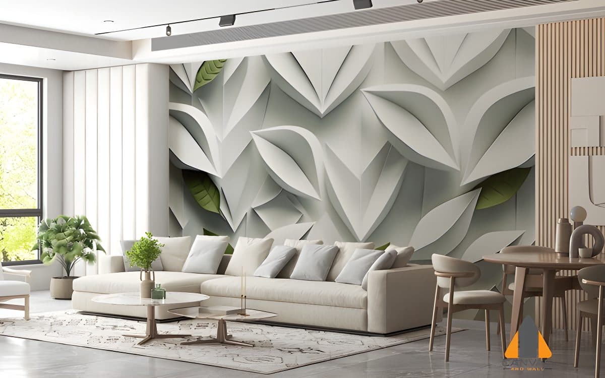 Soft geometric leaves wall mural installation in a modern living room setting.