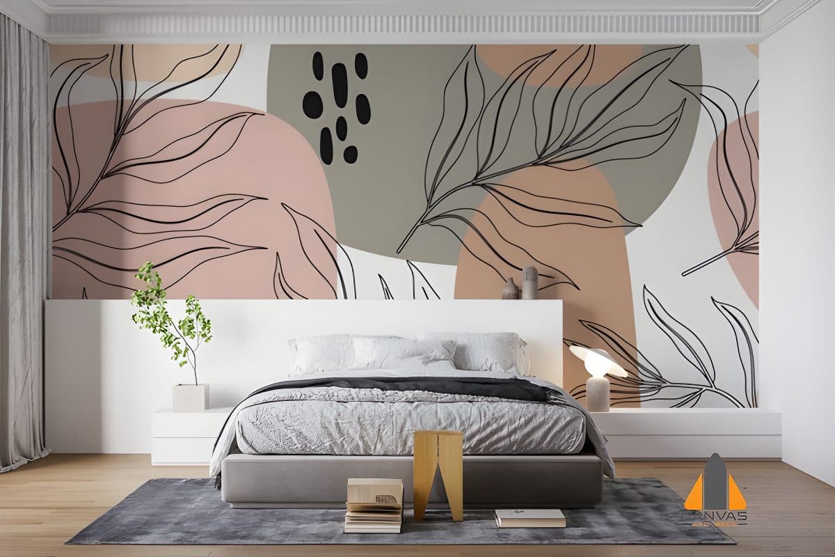 Botanical leaf pattern wall mural in a modern bedroom, available for wallpaper installations in Gauteng.