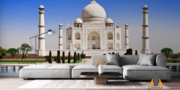 Taj Mahal wall mural in a modern living room, perfect for wallpaper installations in Gauteng.