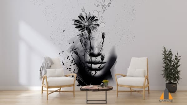 Grayscale floral and face wall mural in a modern living room, perfect for wallpaper installations Gauteng.