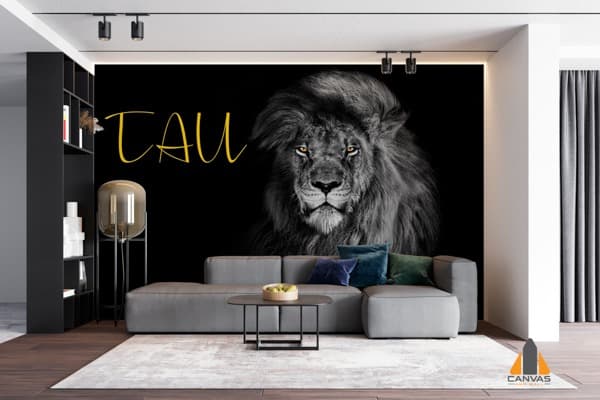 Monochromatic lion wall mural in a modern living room, perfect for wallpaper installations in Gauteng.