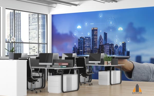Futuristic cityscape wall mural in a modern office, ideal for wallpaper installations in Gauteng.
