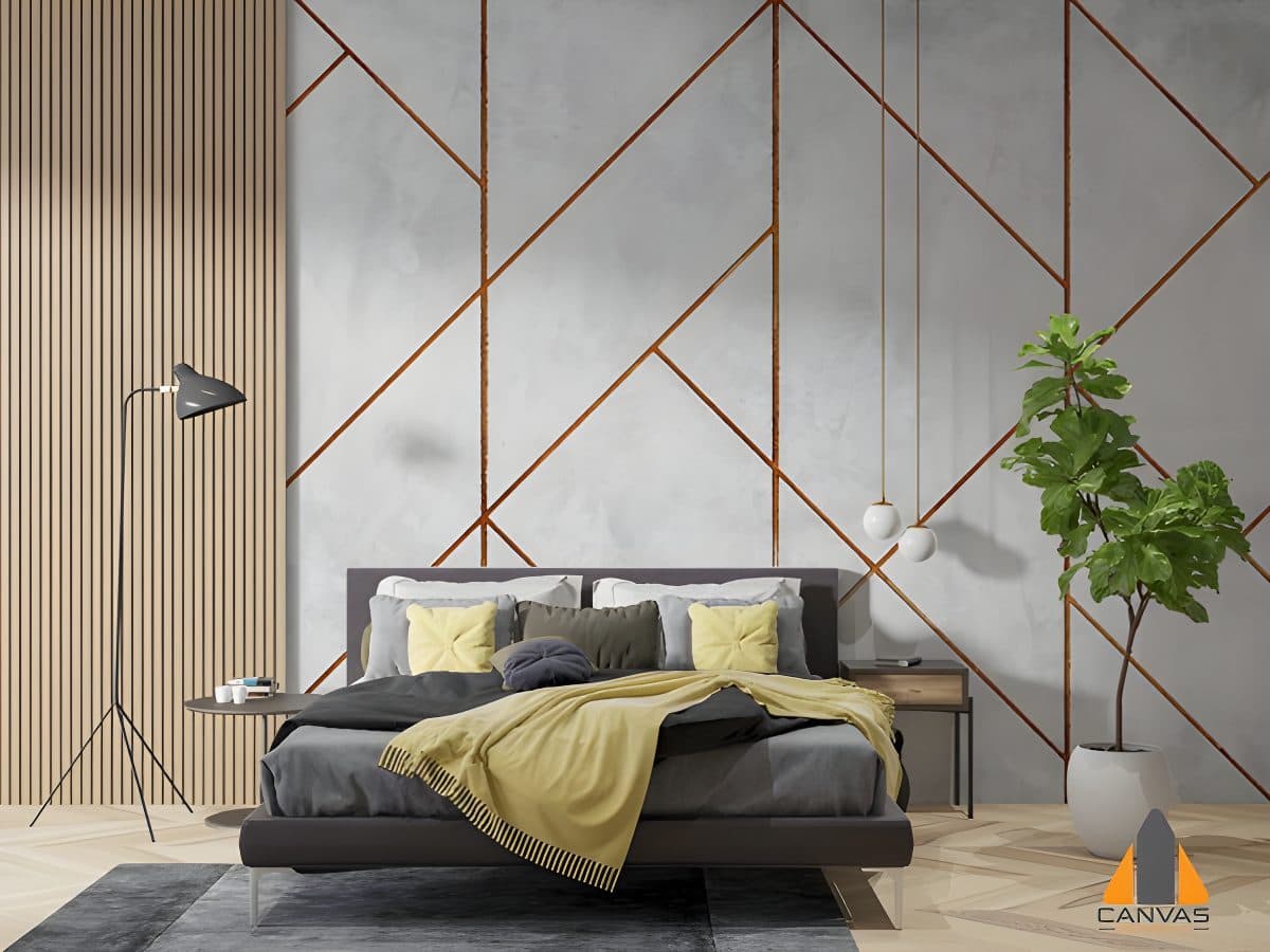 Geometric concrete custom wallpaper in a modern bedroom with a dark bed and green plant.