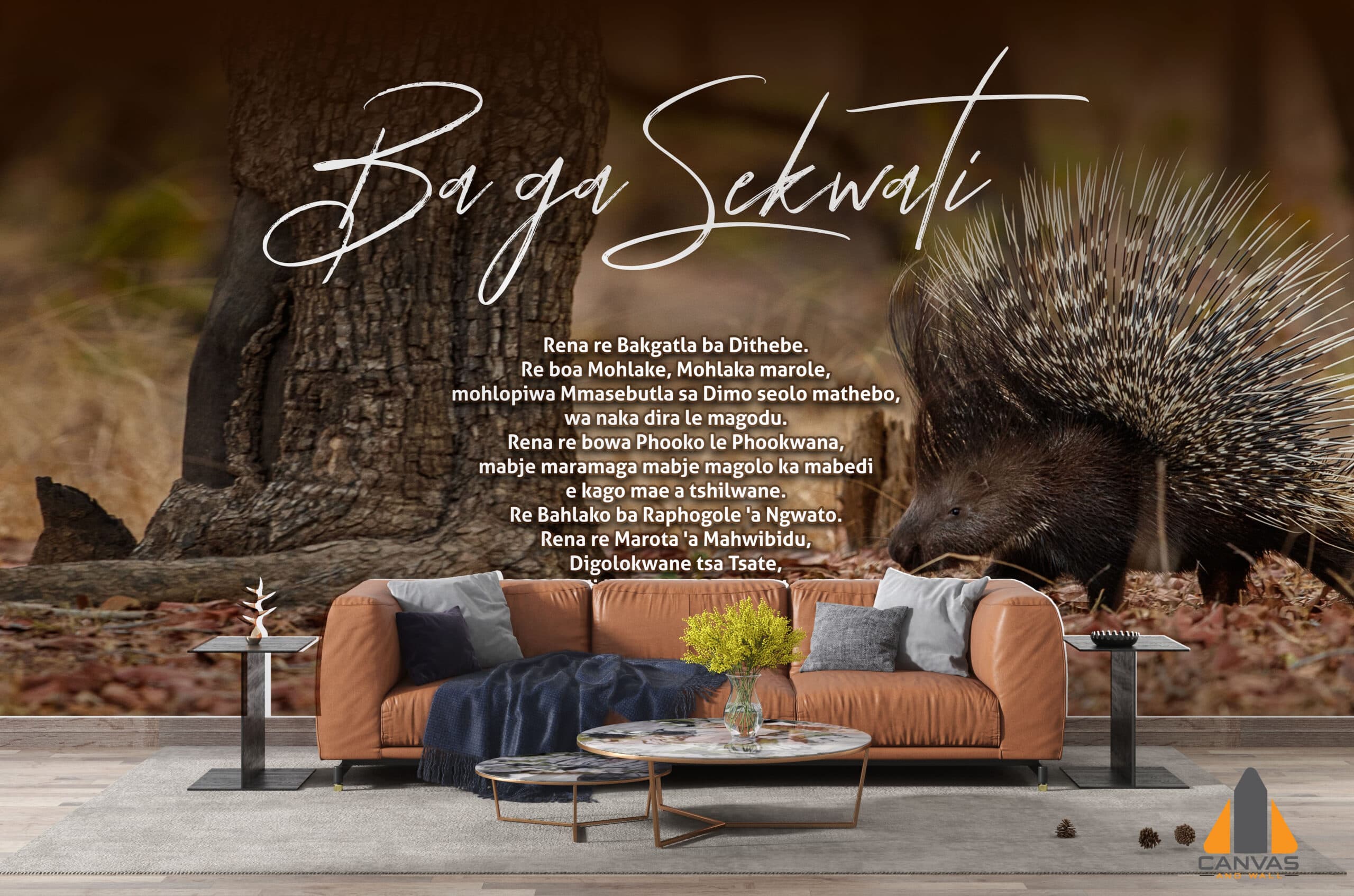 Porcupine in its natural habitat wall mural, with clan praises, in a modern living room.