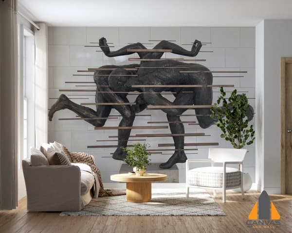 Figurative wall mural in a modern living room, representing struggle and escape, for wallpaper installations.