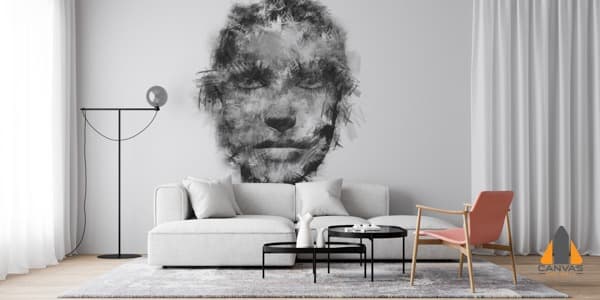 Charcoal drawing wall mural in a modern living room, perfect for wallpaper installations in Gauteng.