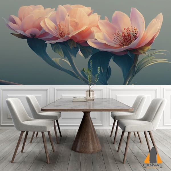 Three soft pink flowers custom wallpaper installation in a modern dining room setting.
