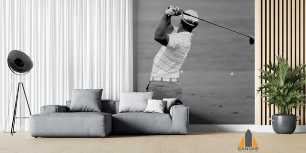 Golfer Tiger Woods wall mural in a modern living room, expertly installed in Gauteng.
