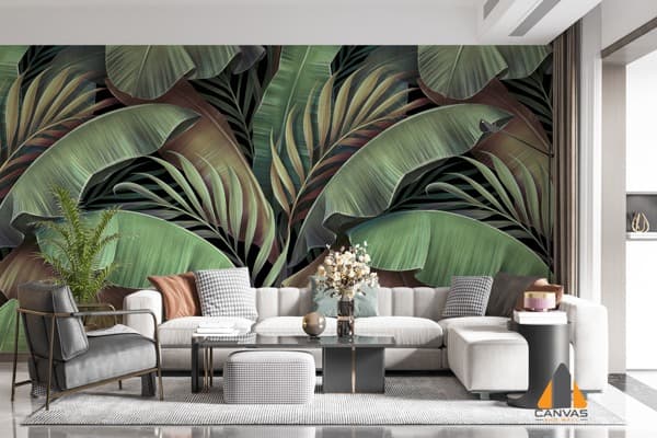 Tropical palm leaf wall mural in a modern living room, perfect for wallpaper installations in Gauteng
