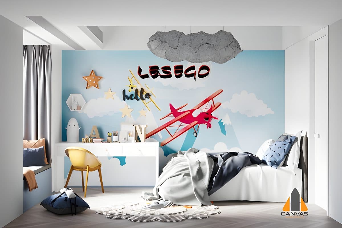 Biplane custom wallpaper in a child's bedroom with a cloud light fixture and white bed.
